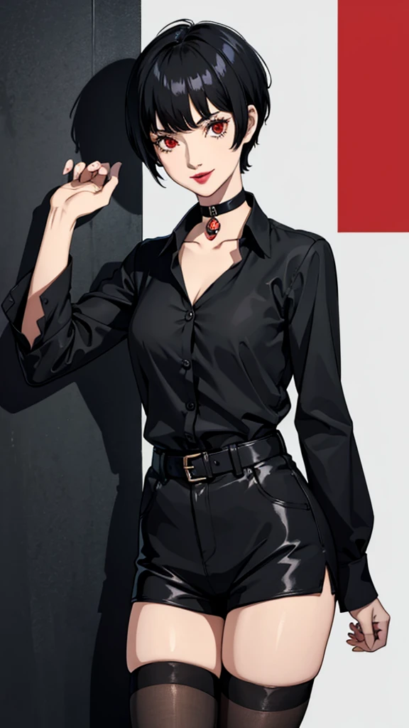 1 girl, Red eyes, very Short hair, black choker, lipstick, smile, black hair, female , tomboy Pixie haircut, long shirt, shorts, stockings, cowboy shot, 