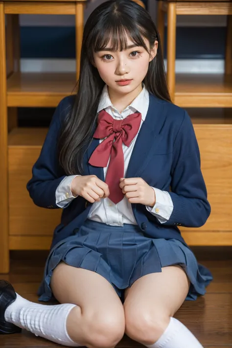 (photorealistic:1.4), best quality, masterpiece, raw 32k photo, (extremely detailed japanese beautiful girl), (extremely detailed eyes:1.2),(baby face), (lolita),(14 years old),(cute face:1.2), ultra-detailed, ultra high res, amazing, BREAK,sitting,
(schoo...