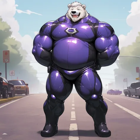 masterpiece, best quality, 8k resolution, Very detailed, hairy，(((polar bear))，(((Mature)))，(((beard))),(((Strong)))，(((White hair all over body)))，(((portrait)))，(((White hair)))，(((Roadside)))，For the audience，(((Purple gel coat))),(((Tight rubber suit))...