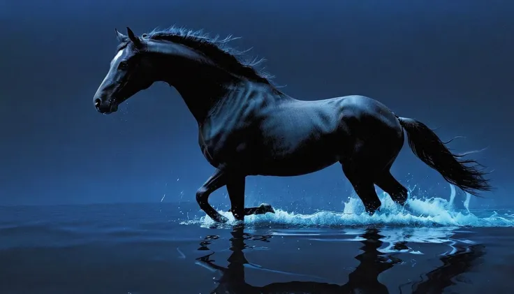 glitch art, fashion shoot, black horse running at water surface in darkness at night, blue background