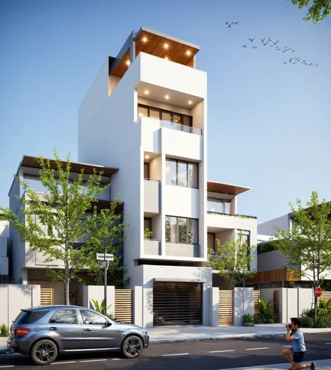 townhouse, (modern style:1.2), open roof top sky, exterior design, perspective view, (white wall:1.3), (block sidewalks and asph...