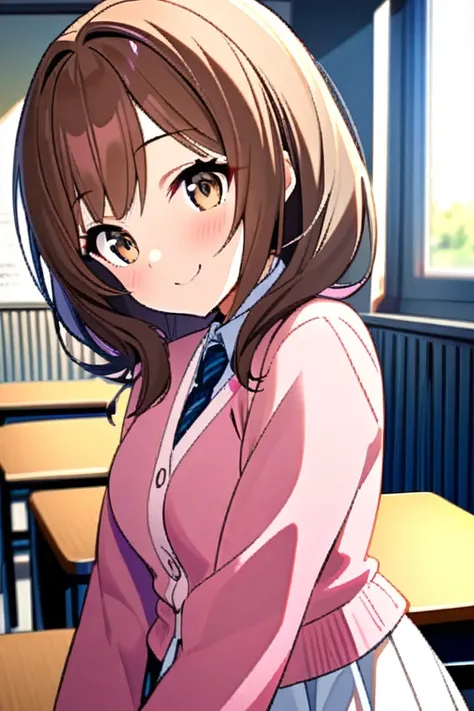 A beautiful young student girl smiling, long brown curls, light brown eyes, white skirt, pink cardigan, in a classroom