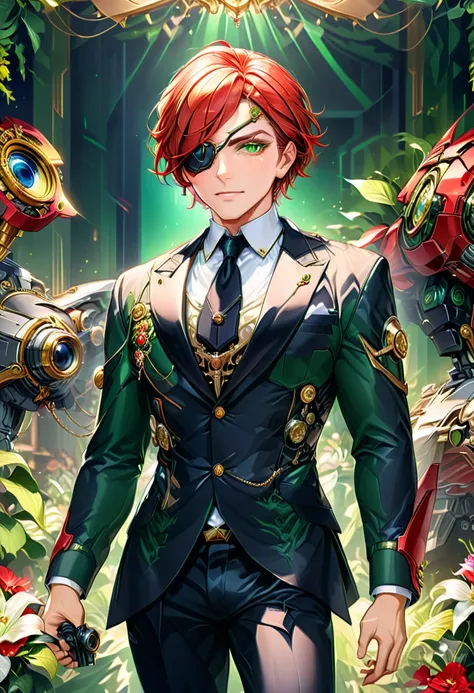 Arafed a picture of a human male spy, wearing dark suit, wearing ((mecha eye patch)), ((eye patch covering only one eye: 1.5))exquisite beautiful male, red hair, short crop hair, green eyes, (the eye patch has intricate mechanical part in it: 1.4), high so...