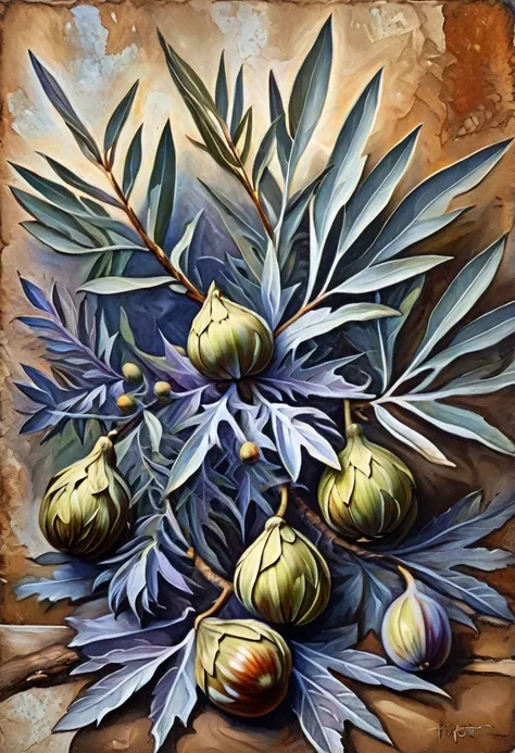 oil painting, vintage, complex background with streaks and rust, olive branch, olive artichoke, fig, emotionally, expression, co...