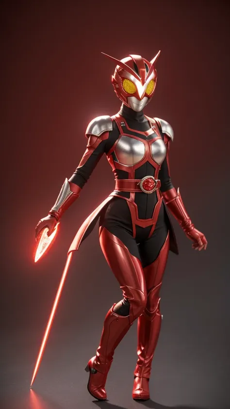 1girl, solo, 8K， Top，hentail realism、Front lighting，Kamen Rider Scarlet_Sun。Metallic body，Crimson shone with a silver glow、Wear a deformed belt、Burn with a righteous heart, She follows the minions of evil々Defeat。The fighting intensified、The last enemy appe...