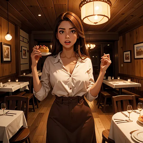 image vertically divided into three, full body in photo, standing Chilean girl 25 years old, medium size chest, dark brown eyes, straight brown hair, brown lipstick, big mouth, round eyes, is eating in a wooden restaurant, light red