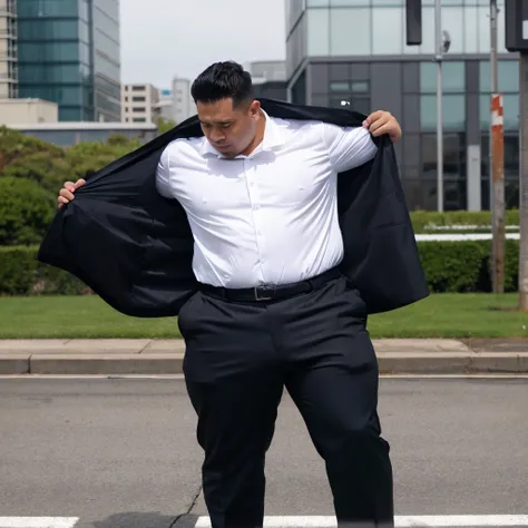 big, Fat Japanese man in a suit、whole body、office、Thick legs、Thick arm muscles、Intimidating、short hair、Kind Face、Long sleeve black jacket、Black trousers、Tight arm circumference、Long trousers、Tight suspension、Blue tie、tight white shirt、Groin bulge、Shirt tuc...