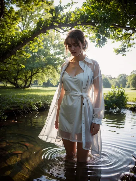 Best quality, ultra high res, full body shot from a danish pretty women wearing white transparent raincoat with floral sundress standing in between fallen trees and looking around, she is submerged in water in the dark swamps, realistic skin, rain drop, dy...