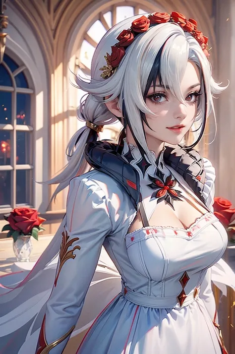 Arlecchino_(genshin impact), red roses, ornament hair, roses on her hair, maid, maid dress, maid headdress, maid apron, black hair, white hair, long hair, stand up close to window, medieval style, medieval maid dress, gold lantern, white dress, more detail...