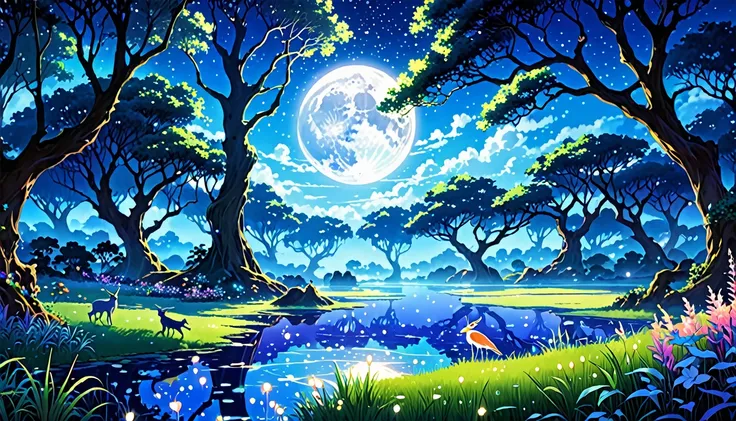 An enchanting realm shrouded in ethereal phosphorescence, where luminescent flora and fauna dance in the gentle glow of unseen moonlight. This digital anime painting captures a mesmerizing scene of mystical creatures frolicking in a radiant paradise. Every...