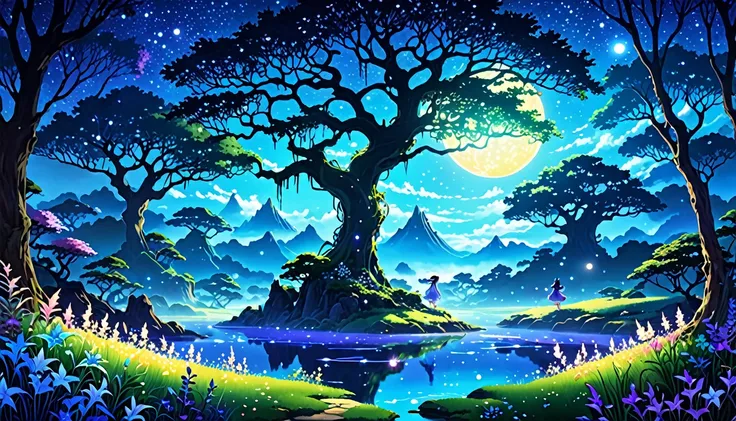 An enchanting realm shrouded in ethereal phosphorescence, where luminescent flora and fauna dance in the gentle glow of unseen moonlight. This digital anime painting captures a mesmerizing scene of mystical creatures frolicking in a radiant paradise. Every...