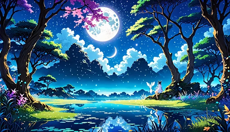 An enchanting realm shrouded in ethereal phosphorescence, where luminescent flora and fauna dance in the gentle glow of unseen moonlight. This digital anime painting captures a mesmerizing scene of mystical creatures frolicking in a radiant paradise. Every...