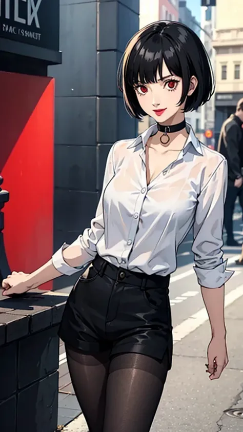 1 girl, Red eyes, very Short hair, black choker, lipstick, smile, black hair, female , tomboy Pixie haircut, long shirt, shorts, pantyhose, cowboy shot, 