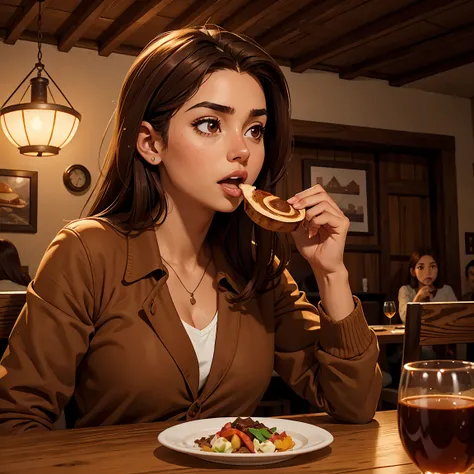 Chilean girl 25 years old, medium size chest, dark brown eyes, straight brown hair, brown lipstick, big mouth, round eyes, is eating in a wooden restaurant, light red