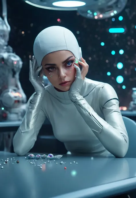 One eye patch is placed on a table, one sublime woman sits next to it,(( the womans left eye is missing and replaced by a tiny galaxy)), scene in a futuristic laboratory