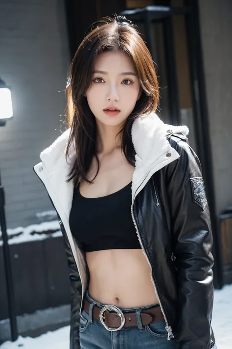 girl in winter scene, Short belly-revealing down jacket, Exposed lower abdomen，Sexy abs，Low-rise pants, Metal belt,cowboy shot, The abdomen is completely exposed, Detailed facial features, beautiful eyes, Lips, and long eyelashes, Reality, 8K， Very detaile...