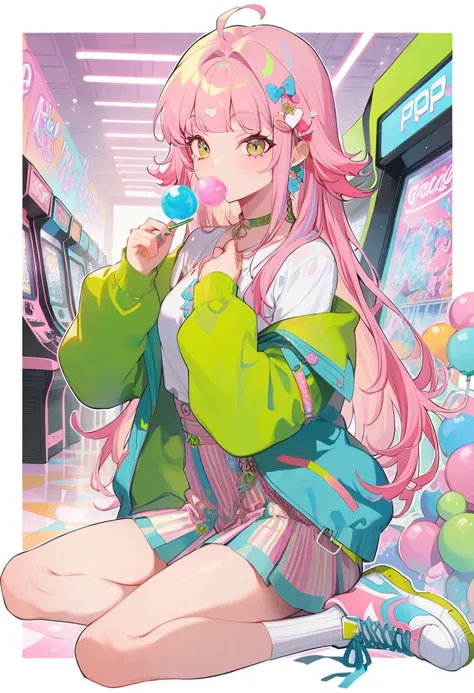 1girl, eating bubble gum, multi colored hair, shoulder length hair, retro outfit, sneakers, side eye, sitting, hyper pop, at arc...