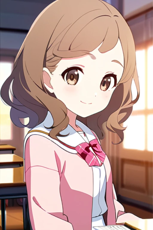 A beautiful young student girl smiling, long brown curls, light brown eyes, white skirt, pink cardigan, in a classroom