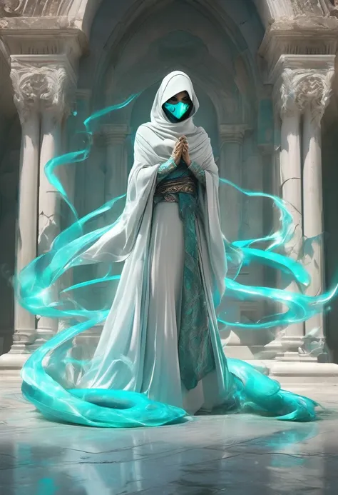 In the ruined  broken satanic statue temple, a lone assassin emerges from the shadows. Clad in a white hijab, wear a cyan scarfs as mask, wind effect, she grasps dual daggers adorned with abstract art that shimmers with a mesmerizing cyan neon glow. the cy...