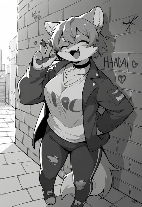 cover page, highres, top quality, best quality, paid reward available, unparalleled masterpiece, perfect artwork, absurdres, High-quality illustrations, laughing, perfect anatomy, lineart, monochrome, 1girl, kemono, furry, anthro, choker, shirt, torn legwe...