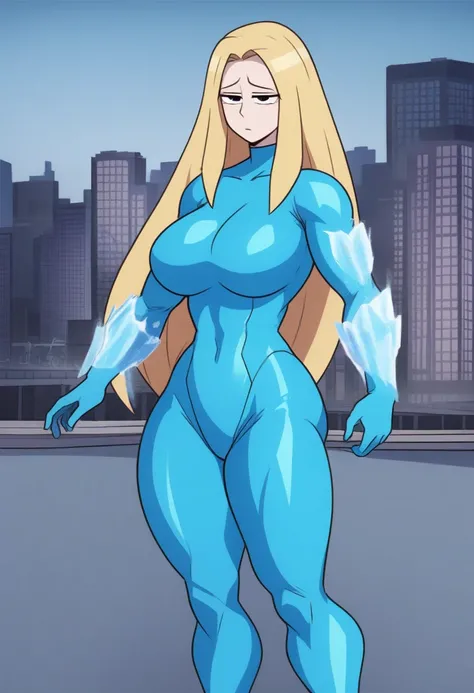 {{full body, high angle}} {{Artist: aitsuwu)}} 1woman, mature woman, middle-aged woman, long hair, blonde hair, straight hair, blue eyes, stern eyes, emotionless face, straight face, no smile, no emotion, ice powers, cyan spandex suit, blue cape, tall, lar...