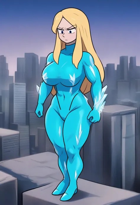 {{full body, high angle}} {{Artist: aitsuwu)}} 1woman, mature woman, middle-aged woman, long hair, blonde hair, straight hair, blue eyes, stern eyes, emotionless face, straight face, no smile, no emotion, ice powers, cyan spandex suit, blue cape, tall, lar...