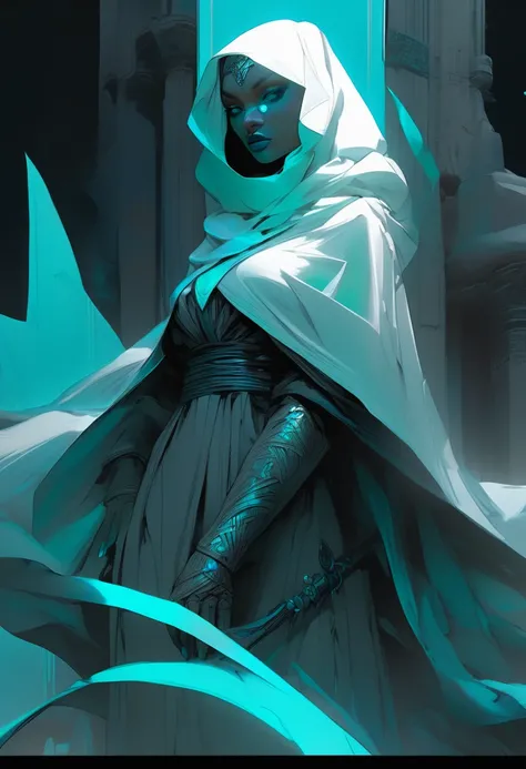 In the ruined  broken satanic statue temple, a lone assassin emerges from the shadows. Clad in a white hijab, wear a cyan scarfs as mask, wind effect, she grasps dual daggers adorned with abstract art that shimmers with a mesmerizing cyan neon glow. the cy...