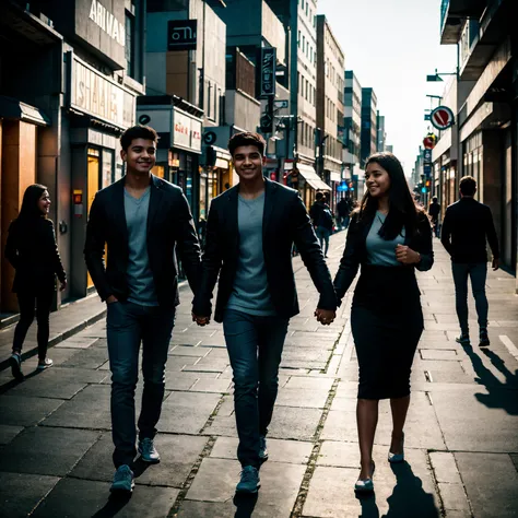 A hyperrealistic award winning studio photography full contrast pro color grading soft shadow clean sharp focus film photography of a young couple holding hands and walking through a bustling city street, their faces radiating happiness and excitement.