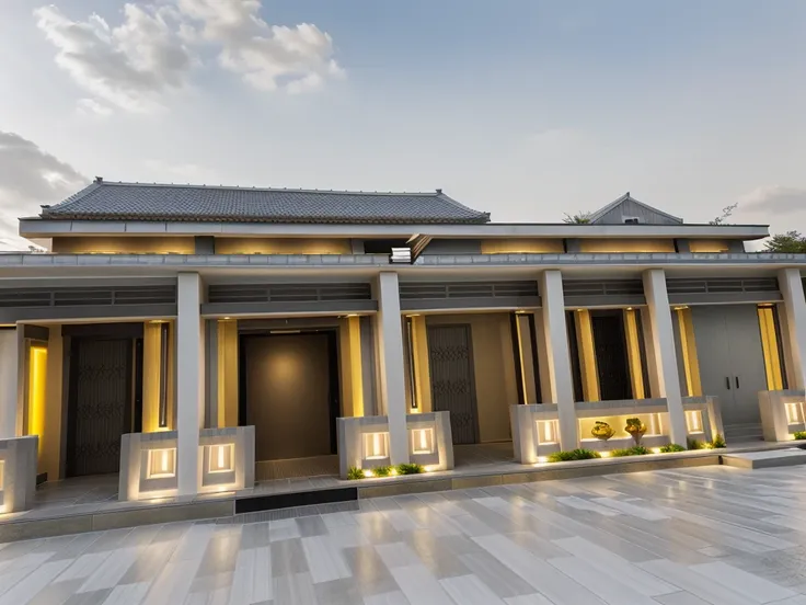 Modern architecture, xinfa aluminum glass doors, (stone wall, white paint), trần ốp gỗ, best quality, super detailed, true, expression, Gray Japanese tile roof, Yellow light temperature 4000k, The courtyard is covered with ceramic tiles, green exterior, ev...