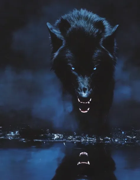 fashion shoot of giant black wolf  in darkness  at night, blue background