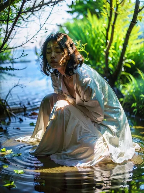 best quality, ultra high res, full body shot from a danish pretty women wearing white transparent raincoat with floral sundress ...