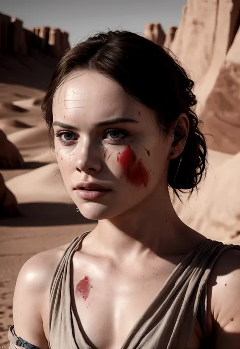 a young woman with daisy ridleys face, bruised and bloodied, bandaging her wounds, one eye covered by a patch, in a harsh desert landscape, (best quality,4k,8k,highres,masterpiece:1.2),ultra-detailed,(realistic,photorealistic,photo-realistic:1.37),intricat...