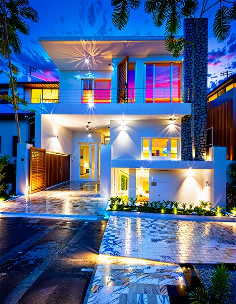 modern townhouse on street, (sunset), tropical tree, vivid colour, streetcapes, white tone, white wall, large glass door, (warm ...