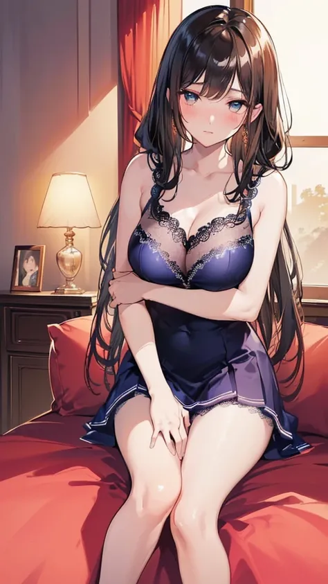 charm，Sexy，Married Woman，Side braids，black hair，blush，Shy，Lipstick，Wear earrings on one side，stockings，Large Breasts，cleavage，Cleavage，bedroom，It was dark all around，Sweat，Blue lace，Blue lace，Blue lace手套，bite