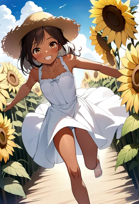 ((masterpiece)),((Highest quality)),((High resolution)),((Anatomical)),((Realistic)),((Detailed Description)),((Perfect lighting)),((8K)),((cute)),((blue sky)),((cumulonimbus)),((Big sunflower field)),(((One little girl))),(((Lori))),(((neutral))),((8-year...