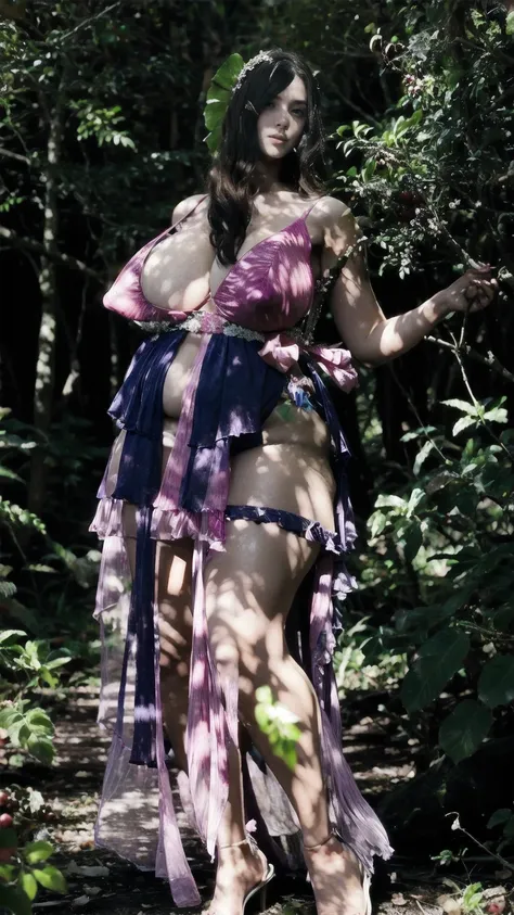 A gorgeous tall thick women ripening the fruits in forest, wearinng transparent pink longer frock dubble layered 