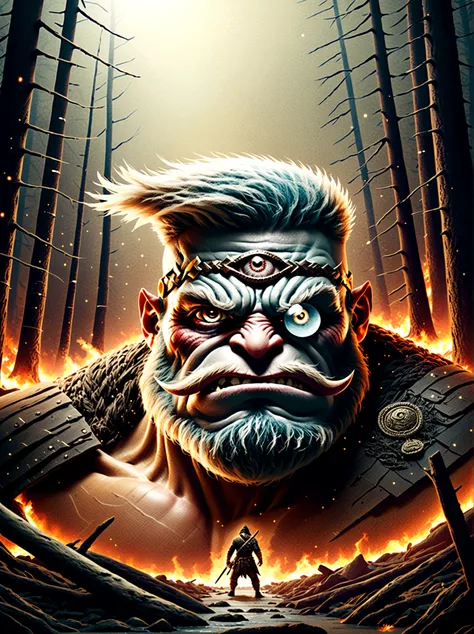 A one-eyed giant from Norse mythology, with a huge single eye covered by a black eye patch, depicted in a full-body view from a distance. The giant appears powerful and wild, with intricate details. The setting is a dark forest ablaze with hellish flames, ...