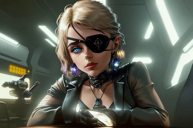 one eye patch is placed on a table, one sublime woman sits next to it, the woman's left eye is replaced by a tiny galaxy, scene ...