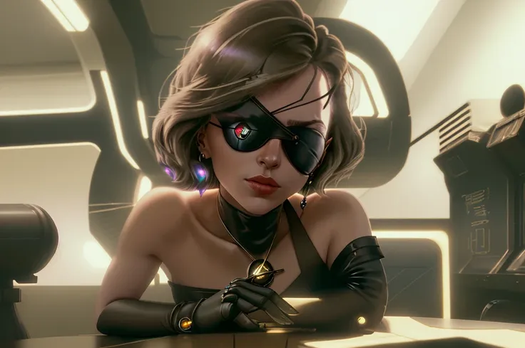 One eye patch is placed on a table, one sublime woman sits next to it, the womans left eye is replaced by a tiny galaxy, scene in a futuristic laboratory