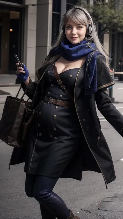 masterpiece, best quality, 1girl,  HD, 4K, solo, Bkornblume, headphones, solo, blue scarfs, coat, pussy, opened clothing, pregnancy, pregnant, exhibitionism, black dress, black gloves, grey hair, holding gun, black coat dress, long sleeves, gloves, blushin...