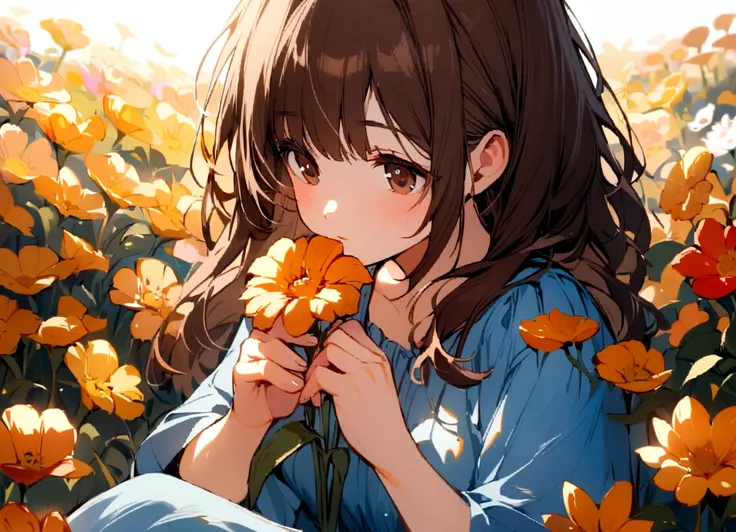 a girl with dark brown hair, brown eyes, blue dress, sitting in a field full of flowers, looking at a flower that she holds in h...