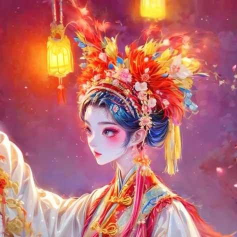 chinese opera female wearing traditional coloured dressed clothes in a scene on a theater . detailed image.dinamic lighting.high...