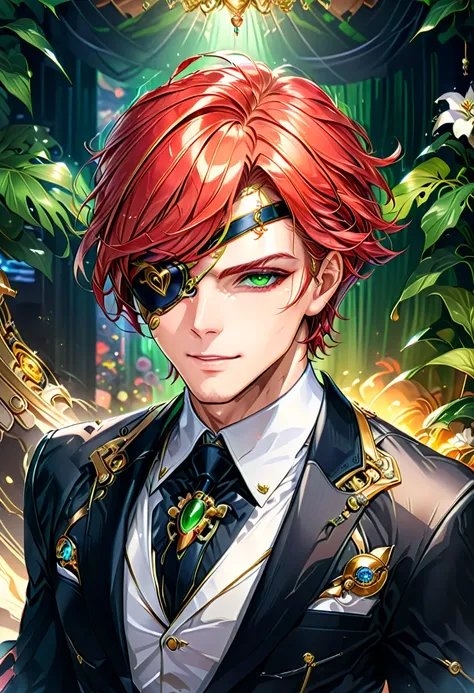 Arafed a portrait of a human male spy, wearing dark suit, wearing ((mecha eye patch)), ((eye patch covering only one eye: 1.5)) exquisite beautiful male, red hair, short crop hair, green eyes, ((the eye patch has intricate mechanical part in it: 1.4)), hig...