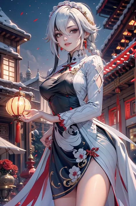 Arlecchino_(genshin impact), white roses, ornament hair, braided hair, white roses on her hair, maid, maid dress, maid headdress, maid apron, black hair, white hair, long hair, seat on a grass, chinese festival, chinese lanterns, Chinese dress, gold lanter...