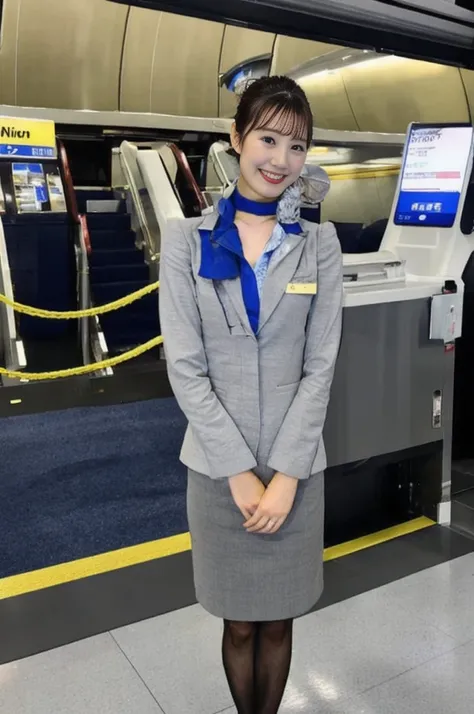 one japanese woman、airport terminalsでしゃがんでいる女性、((full body photo:1.2))、24-years-old、stewardess、cabin attendant、(highest quality、...