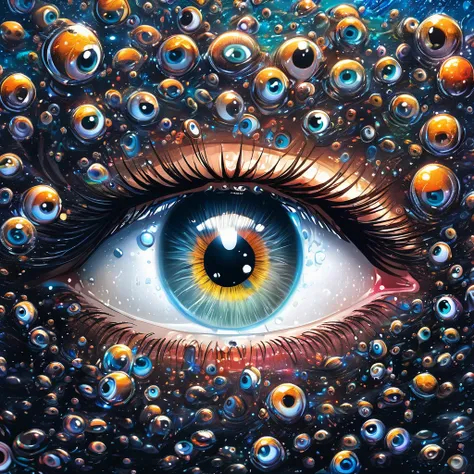 a detailed human head having ((multiple count of eyeballs)) in a , cosmic watery dimension using crystal clear effect , ((wet ef...