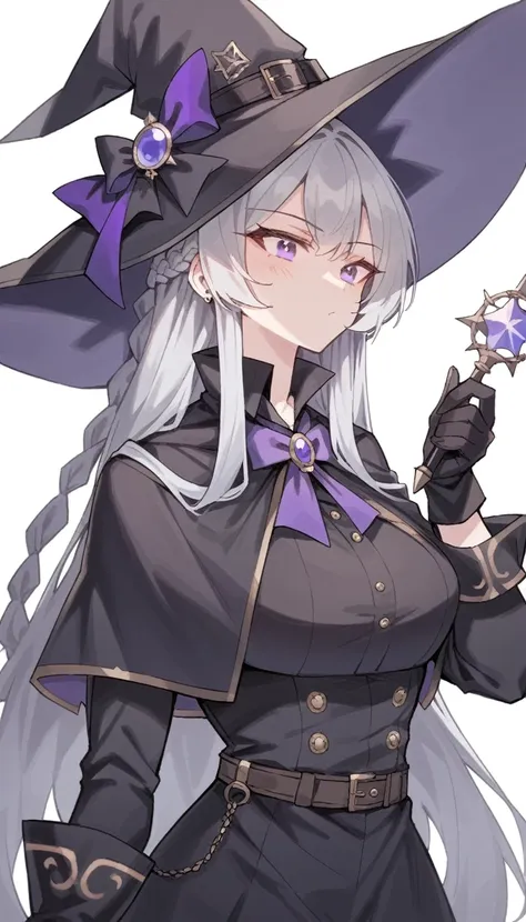 score_9, score_8_superior, score_7_superior, score_6_superior,a witch with purple and black clothes with hat and gloves on, hold...