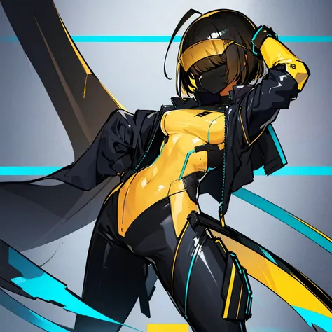 echanis_enicha, background, futuristic, bodysuit, helmet, glowing, 1girl, ahoge, cowboy shot, facing viewer, solo, sleek bodysuit, gold highlights, visor, holographic facial display, hands behind head, stretching