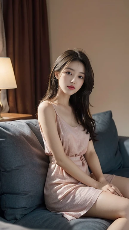 1 Girl,Sit on a comfortable sofa,Soft Light,Chinese Beauty, dress,Dark-haired,Length of hair