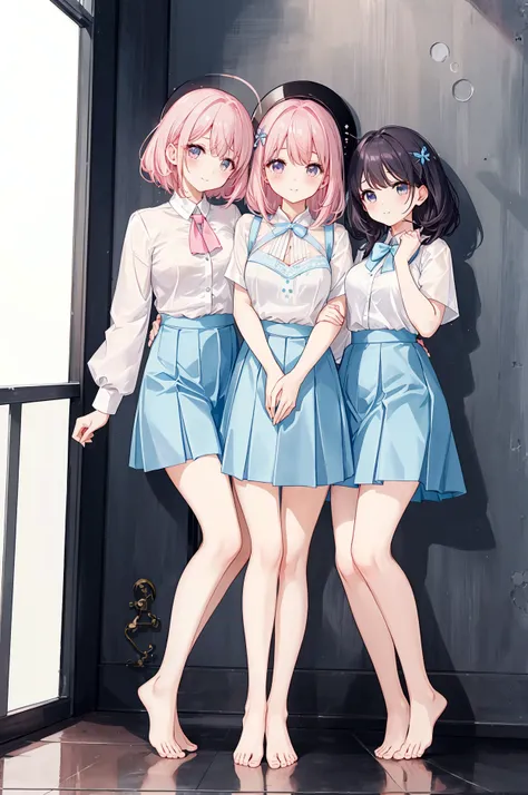 Three sisters of different heights、A cute white blouse with a cute light blue bra showing through it、Cute pink flare skirt、Light blue underwear visible as the skirt is lifted、barefoot、Company interview venue